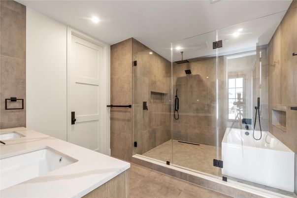 Bathroom, Dual Sink Vanities, Glass Shower, Interior, Recessed Lighting