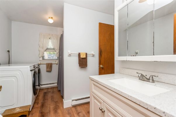 Bathroom, Interior, Washer, Wood Texture Flooring