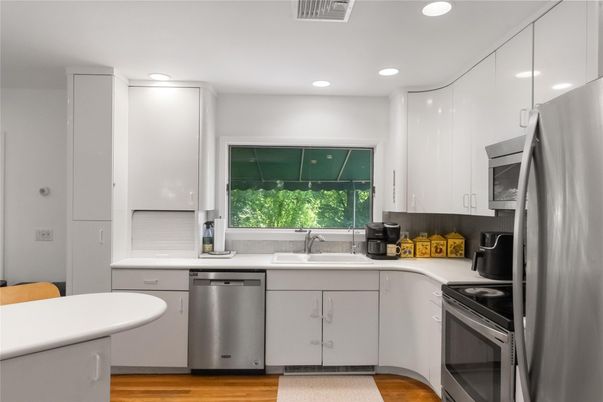 Interior, Kitchen, Recessed Lighting, Stainless Steel Appliances, Wood Texture Flooring