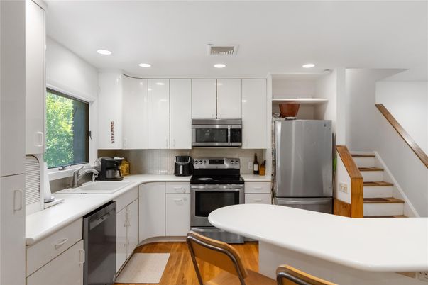 Interior, Kitchen, Recessed Lighting, Stainless Steel Appliances, Wood Texture Flooring