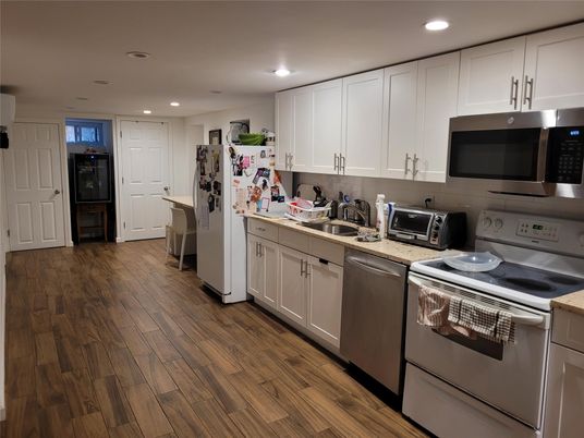 Interior, Kitchen, Recessed Lighting, Stainless Steel Appliances, Wood Texture Flooring