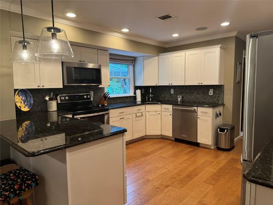 Interior, Kitchen, Pendant Lights, Recessed Lighting, Stainless Steel Appliances, Wood Texture Flooring