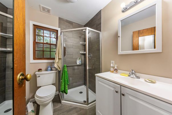 Bathroom, Glass Shower, Interior, Wood Texture Flooring