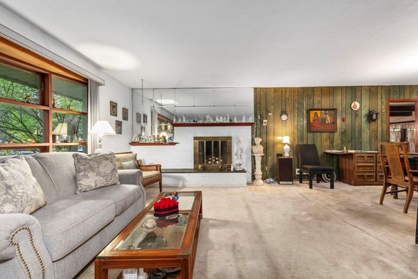 Fireplace, Interior, Living room, Pendant Lights, Stone Walls, Wooden Walls