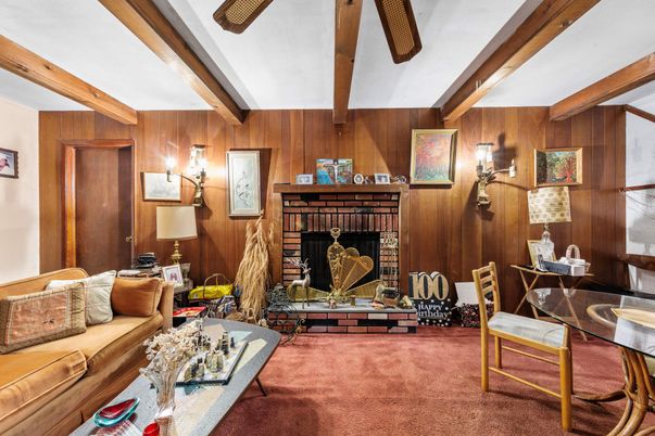 Dining room, Fireplace, Interior, Living room, Wooden Beams, Wooden Walls