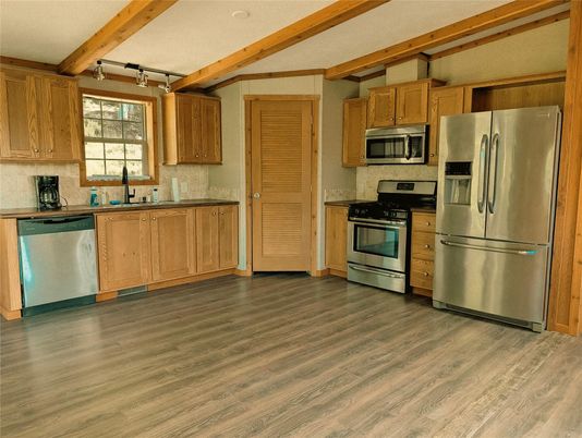 Interior, Kitchen, Stainless Steel Appliances, Wooden Beams, Wood Texture Flooring
