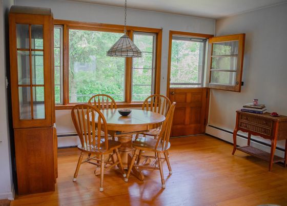 Dining room, Interior, Pendant Lights, Wood Texture Flooring