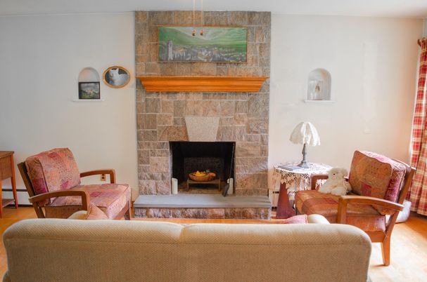 Fireplace, Interior, Living room, Stone Walls, Wood Texture Flooring
