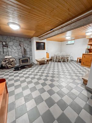 Dining room, Fireplace, Interior, Stone Walls, Wooden Ceilings