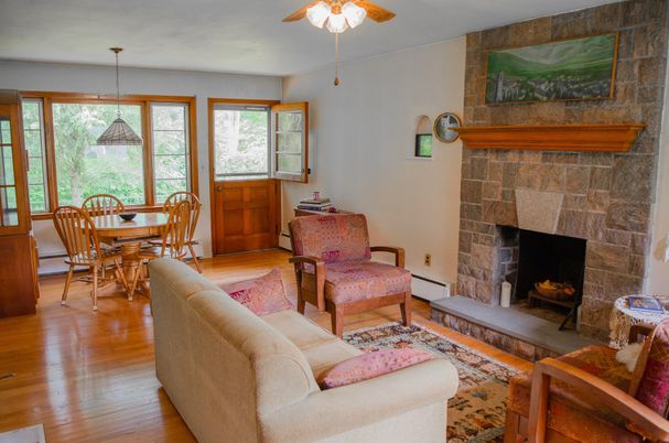 Dining room, Fireplace, Interior, Living room, Pendant Lights, Wood Texture Flooring
