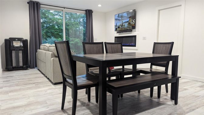 Dining room, Interior, Recessed Lighting, Wood Texture Flooring