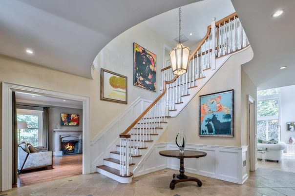 Fireplace, Interior, Pendant Lights, Recessed Lighting, Wood Texture Flooring
