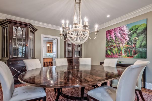 Chandelier, Dining room, Interior, Recessed Lighting, Wood Texture Flooring