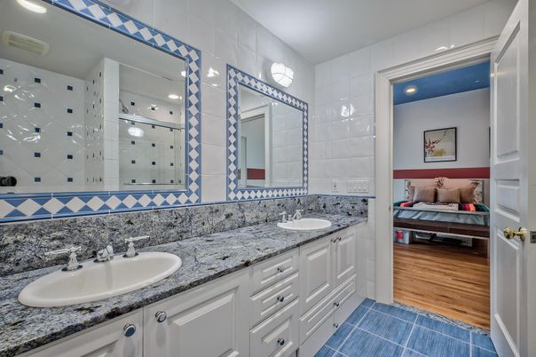 Bathroom, Bedroom, Dual Sink Vanities, Interior, Recessed Lighting, Wood Texture Flooring