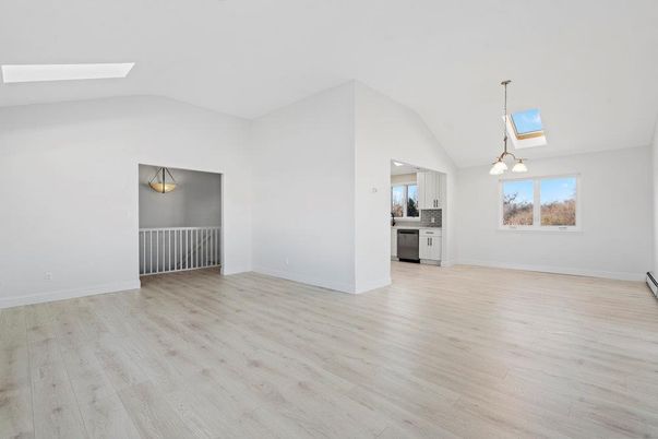 Empty room, Interior, Kitchen, Pendant Lights, Wood Texture Flooring
