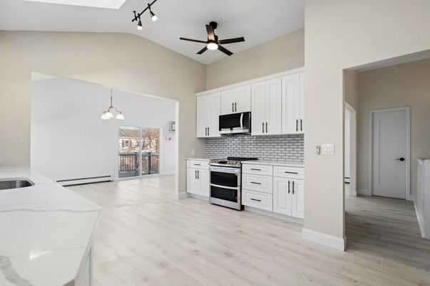 Interior, Kitchen, Pendant Lights, Stainless Steel Appliances, Wood Texture Flooring