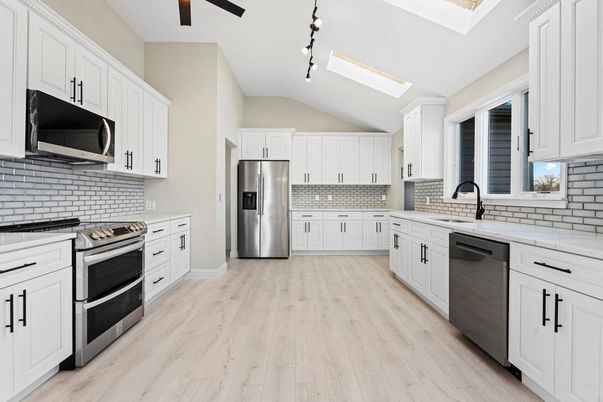 Interior, Kitchen, Pendant Lights, Stainless Steel Appliances, Wood Texture Flooring