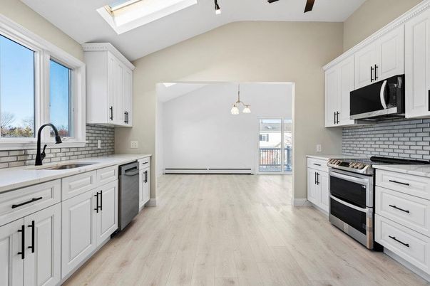 Interior, Kitchen, Pendant Lights, Stainless Steel Appliances, Wood Texture Flooring