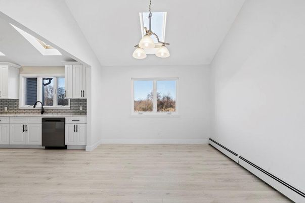 Empty room, Interior, Kitchen, Pendant Lights, Wood Texture Flooring