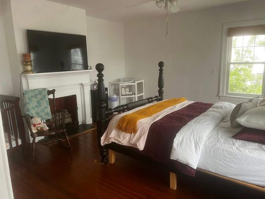 Bedroom, Fireplace, Interior, Wood Texture Flooring