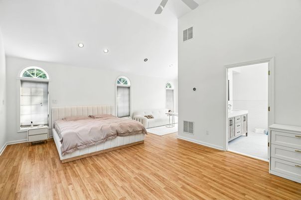 Bedroom, Interior, Recessed Lighting, Wood Texture Flooring