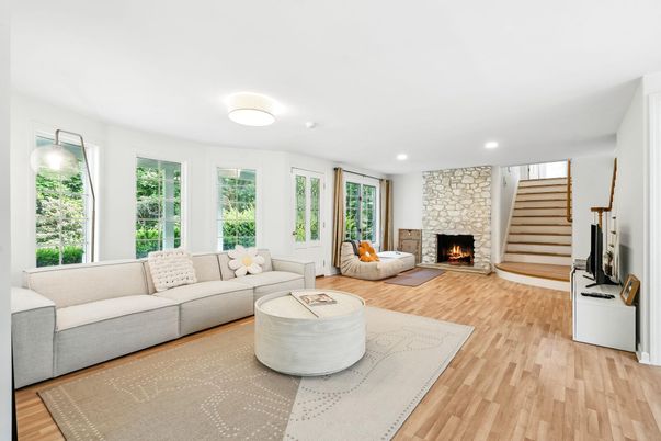Fireplace, Interior, Living room, Recessed Lighting, Wood Texture Flooring