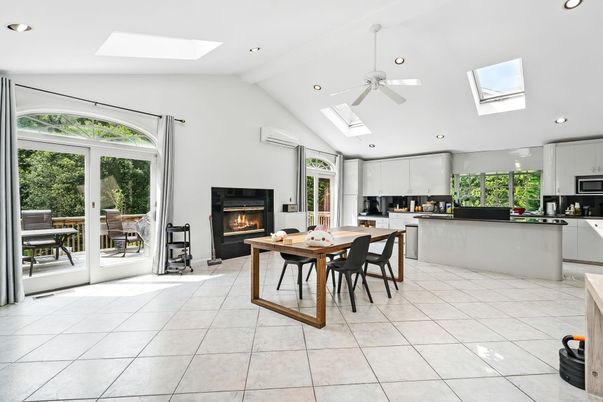 Dining room, Fireplace, Interior, Kitchen, Recessed Lighting