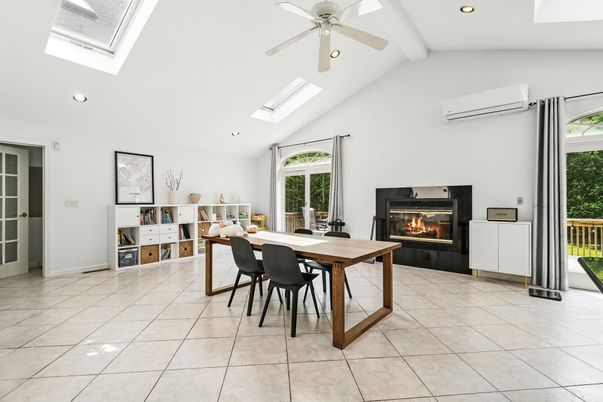 Dining room, Fireplace, Interior, Recessed Lighting