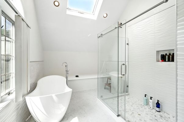 Bathroom, Free Standing Baths, Glass Shower, Interior, Recessed Lighting