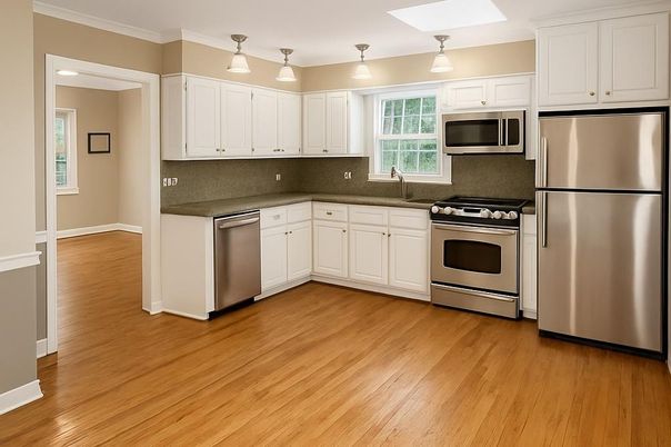 Interior, Kitchen, Stainless Steel Appliances, Wood Texture Flooring