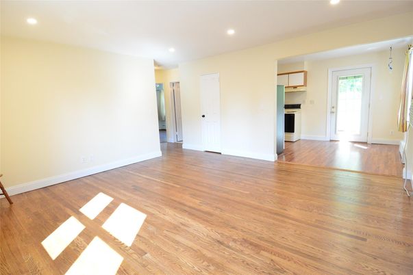 Empty room, Interior, Kitchen, Recessed Lighting, Wood Texture Flooring