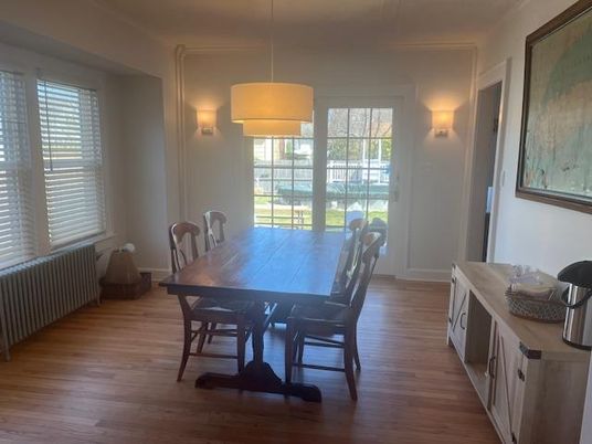 Dining room, Interior, Pendant Lights, Wood Texture Flooring