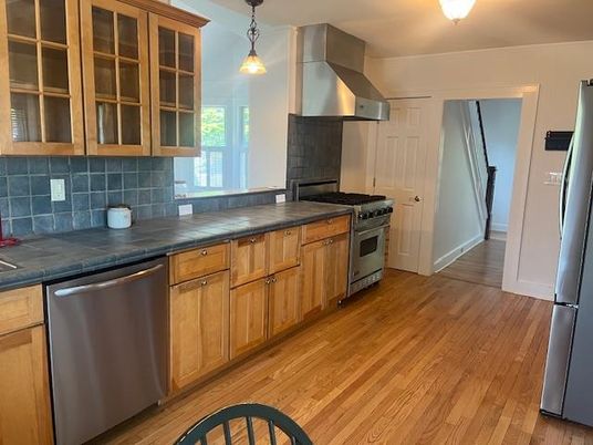 Interior, Kitchen, Pendant Lights, Stainless Steel Appliances, Wood Texture Flooring