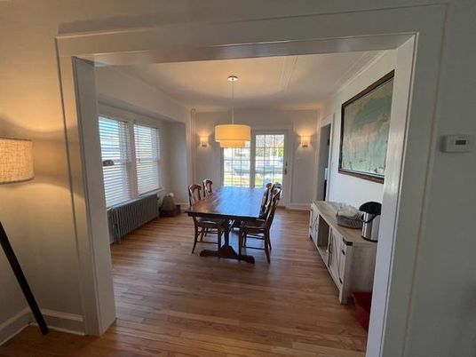 Dining room, Interior, Pendant Lights, Wood Texture Flooring