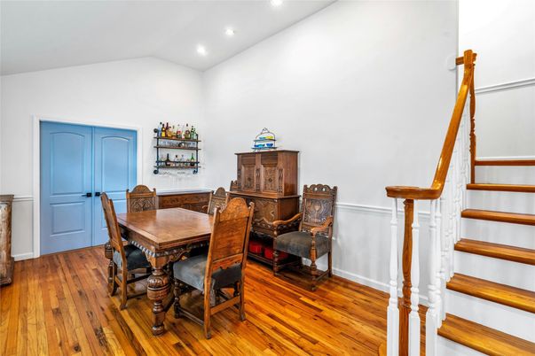 Dining room, Interior, Recessed Lighting, Wood Texture Flooring