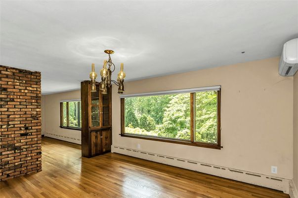 Chandelier, Empty room, Interior, Stone Walls, Wood Texture Flooring