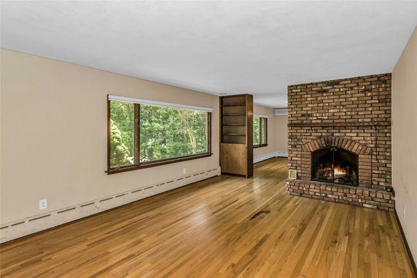 Empty room, Fireplace, Interior, Stone Walls, Wood Texture Flooring