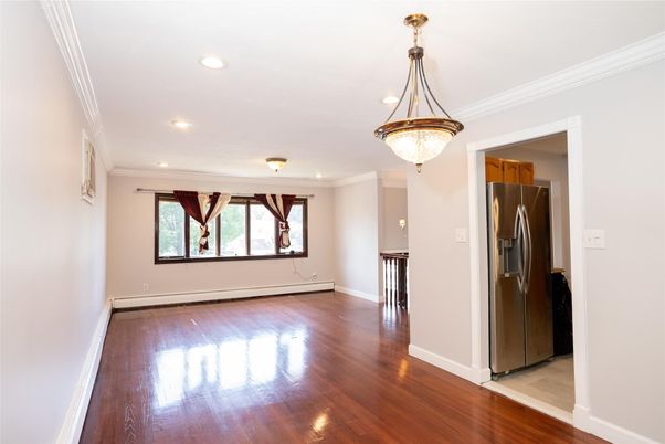 Chandelier, Empty room, Interior, Recessed Lighting, Wood Texture Flooring