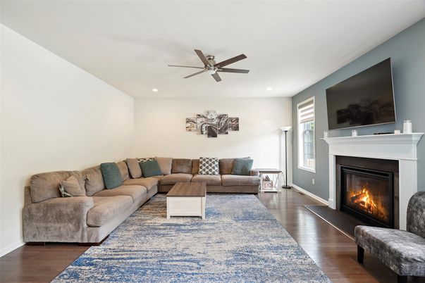 Fireplace, Interior, Living room, Recessed Lighting, Wood Texture Flooring