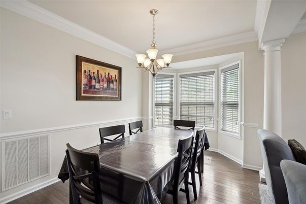 Chandelier, Dining room, Interior, Wood Texture Flooring
