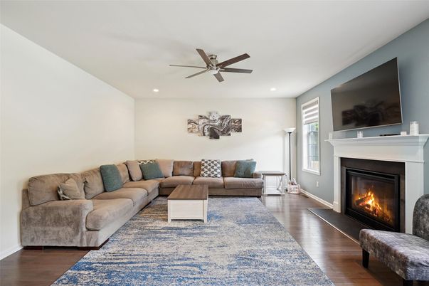 Fireplace, Interior, Living room, Recessed Lighting, Wood Texture Flooring