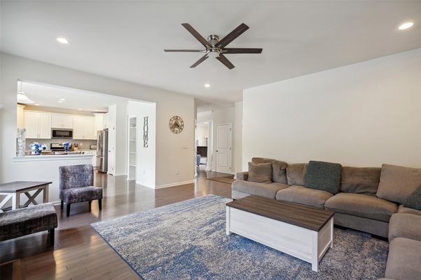 Interior, Kitchen, Living room, Recessed Lighting, Stainless Steel Appliances, Wood Texture Flooring