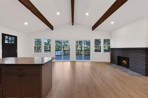 Empty room, Fireplace, Interior, Recessed Lighting, Wooden Beams, Wood Texture Flooring
