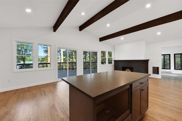 Empty room, Fireplace, Interior, Recessed Lighting, Wooden Beams, Wood Texture Flooring