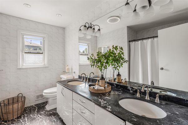 Bathroom, Dual Sink Vanities, Interior, Marble, Marble Walls, Recessed Lighting