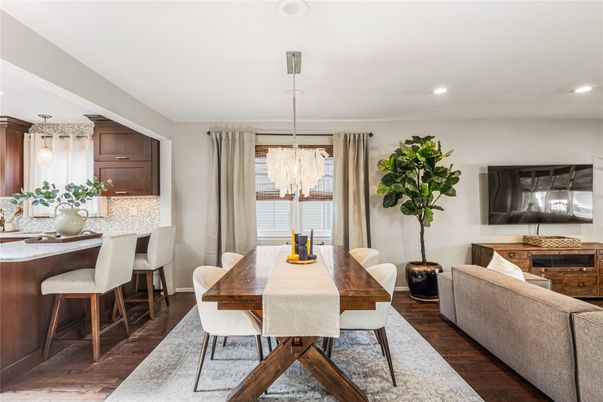 Dining room, Interior, Pendant Lights, Recessed Lighting, Wood Texture Flooring