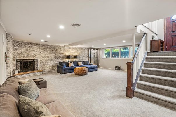 Fireplace, Interior, Living room, Recessed Lighting, Stone Walls