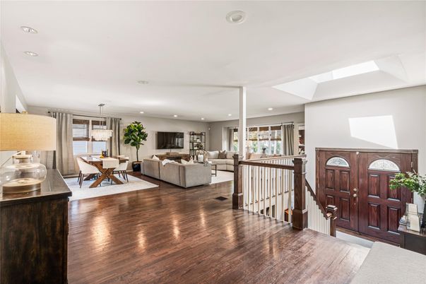 Dining room, Interior, Living room, Pendant Lights, Recessed Lighting, Wood Texture Flooring
