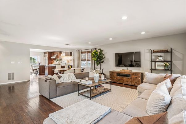 Chandelier, Dining room, Interior, Kitchen, Living room, Recessed Lighting, Wood Texture Flooring