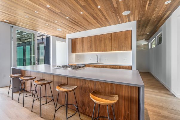 Interior, Kitchen, Recessed Lighting, Wooden Ceilings, Wood Texture Flooring